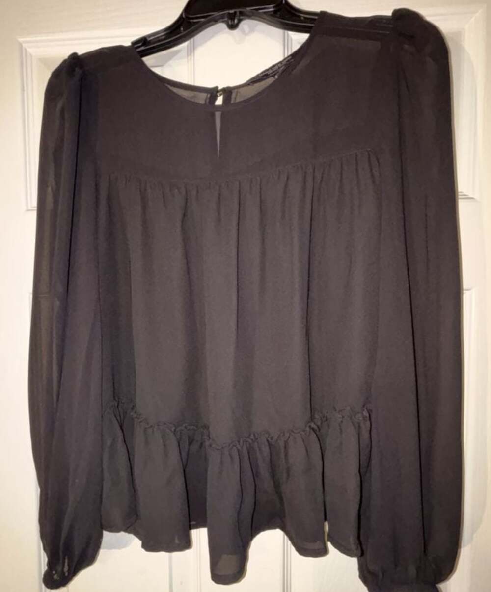 Marc New York Andrew Marc Black Sheer Long Sleeve Ruffle Hem Blouse